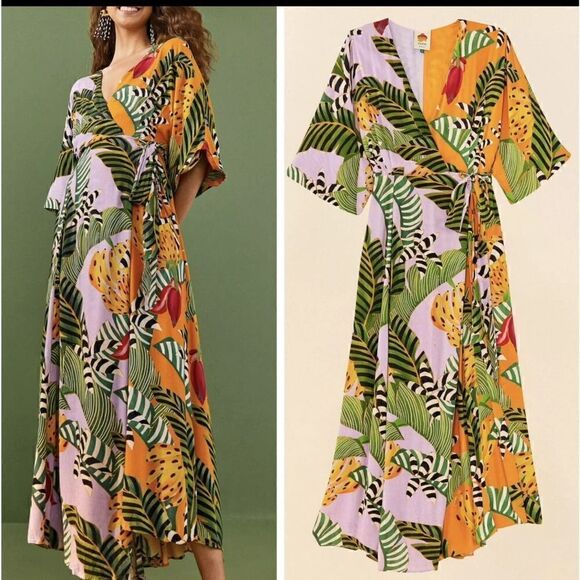 FARM RIO Mixed Striped Bananas Maxi Wrap Dress, Size XS - Picture 7 of 14